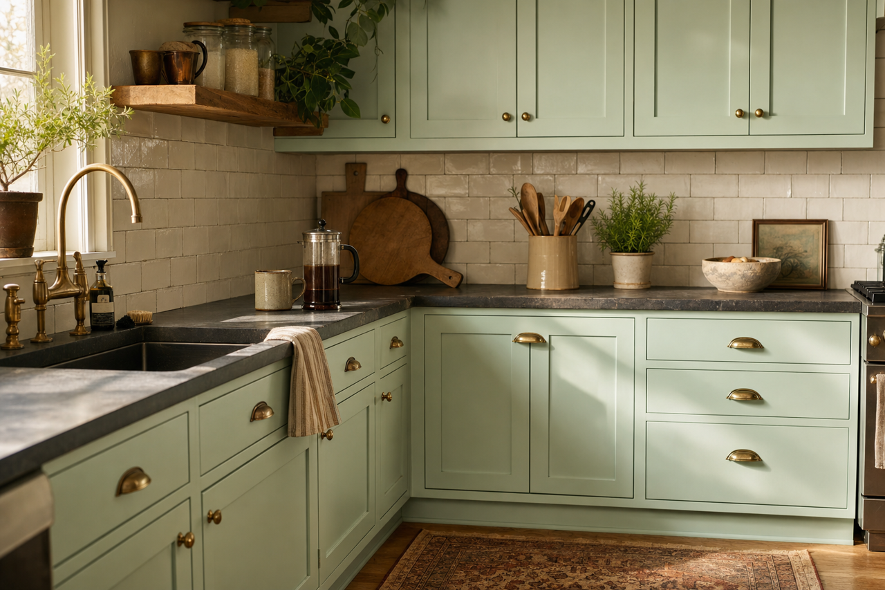 Reclining Green by Sherwin-Williams on cabinets
