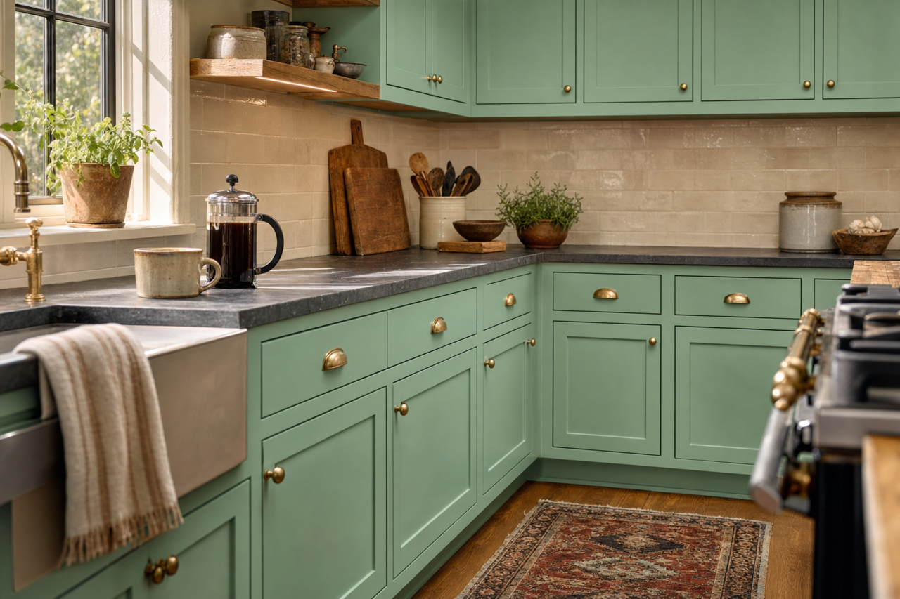 Lark Green by Sherwin-Williams on cabinets