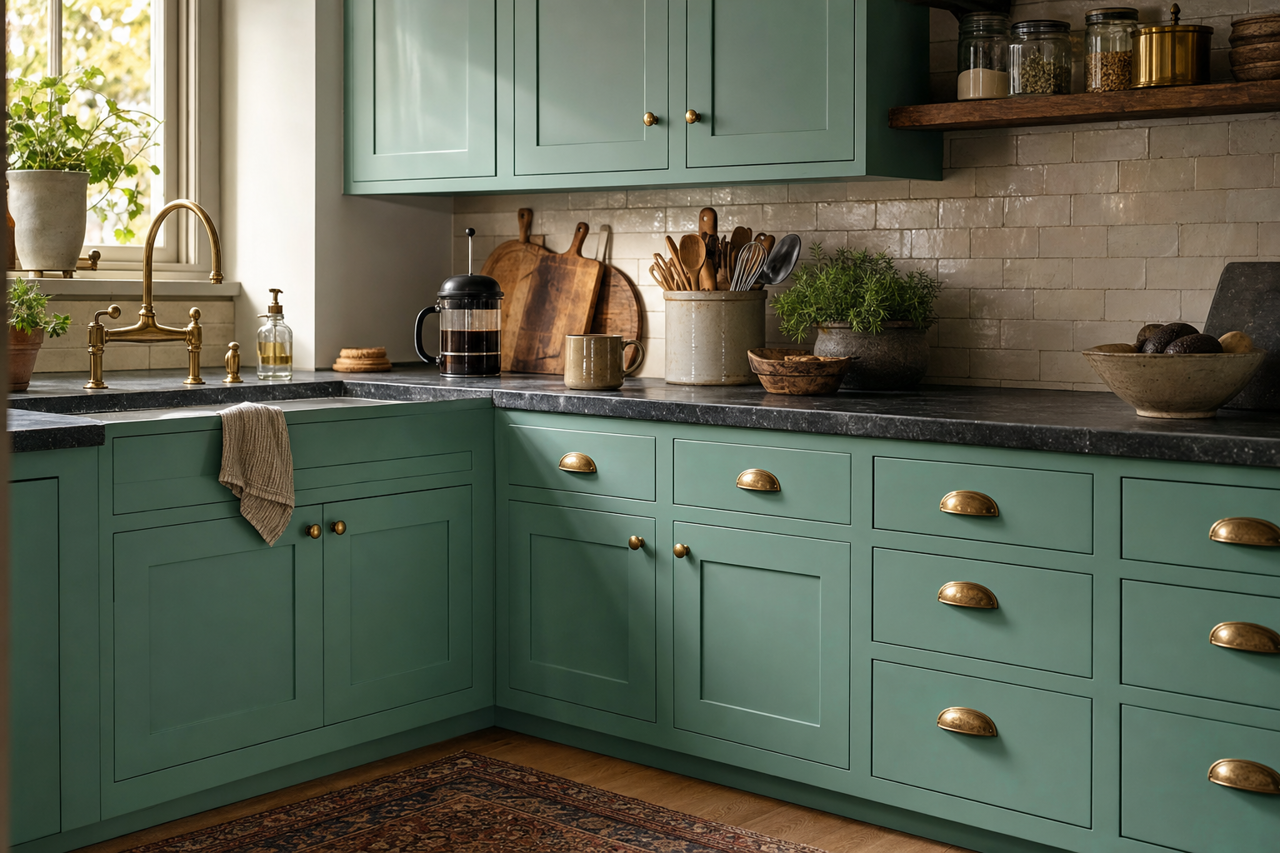 Larchmere by Sherwin-Williams on cabinets