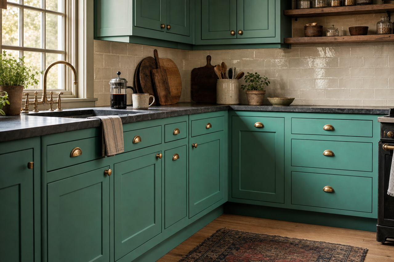 Jargon Jade by Sherwin-Williams on cabinets