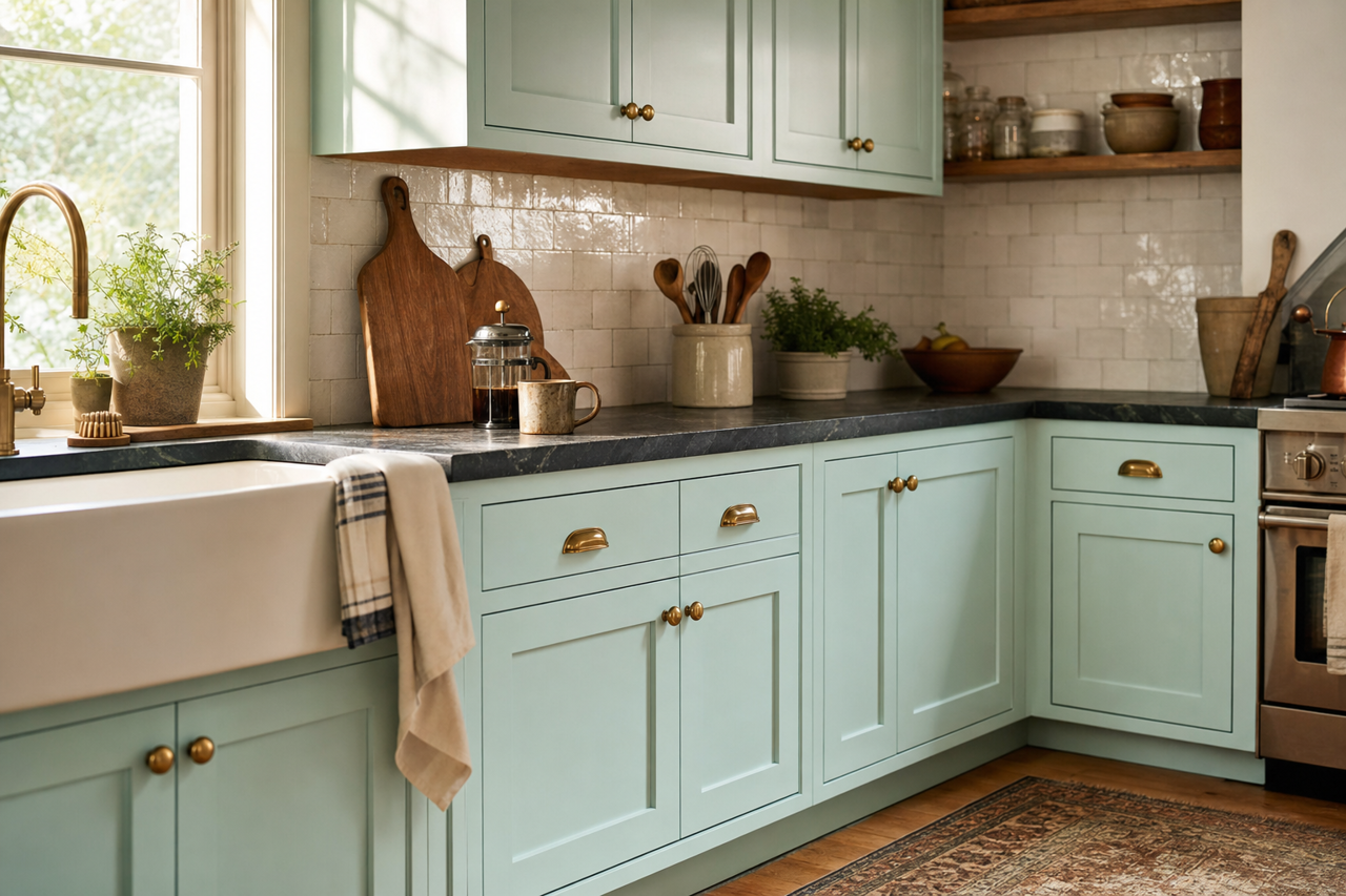 Tame Teal by Sherwin-Williams on cabinets