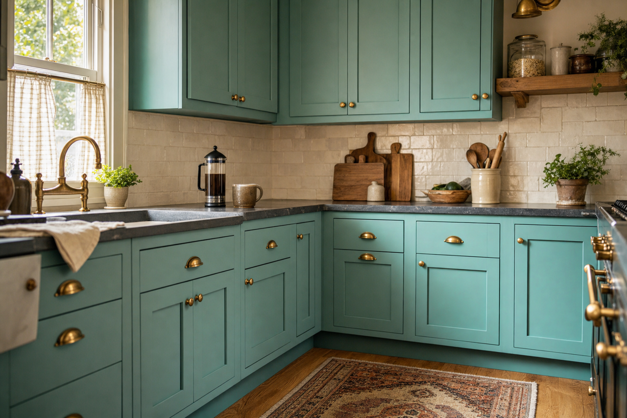 Cooled Blue by Sherwin-Williams on cabinets