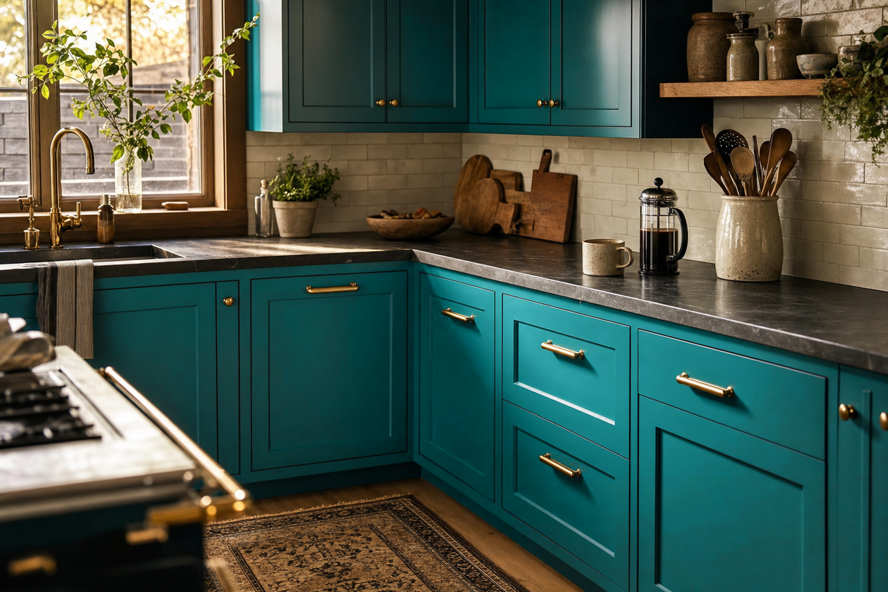 Maxi Teal by Sherwin-Williams on cabinets