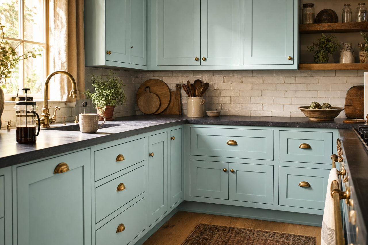 Bathe Blue by Sherwin-Williams on cabinets