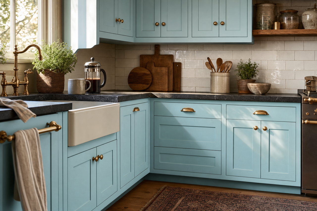 Cay by Sherwin-Williams on cabinets