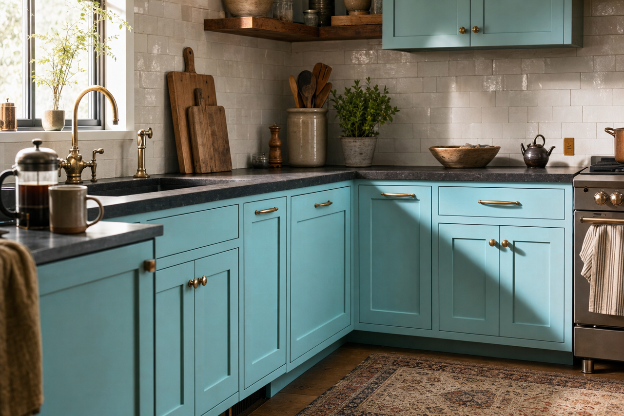 Rapture Blue by Sherwin-Williams on cabinets