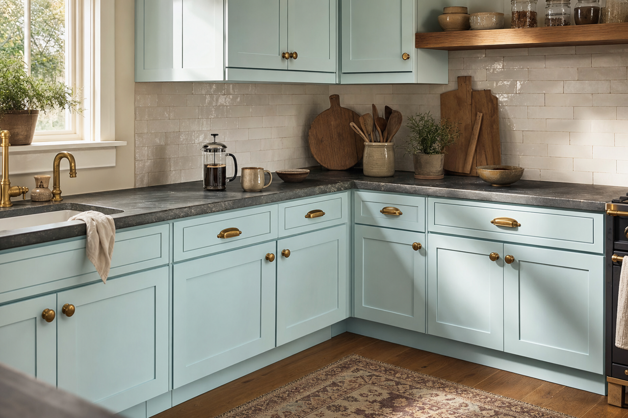 Aviary Blue by Sherwin-Williams on cabinets