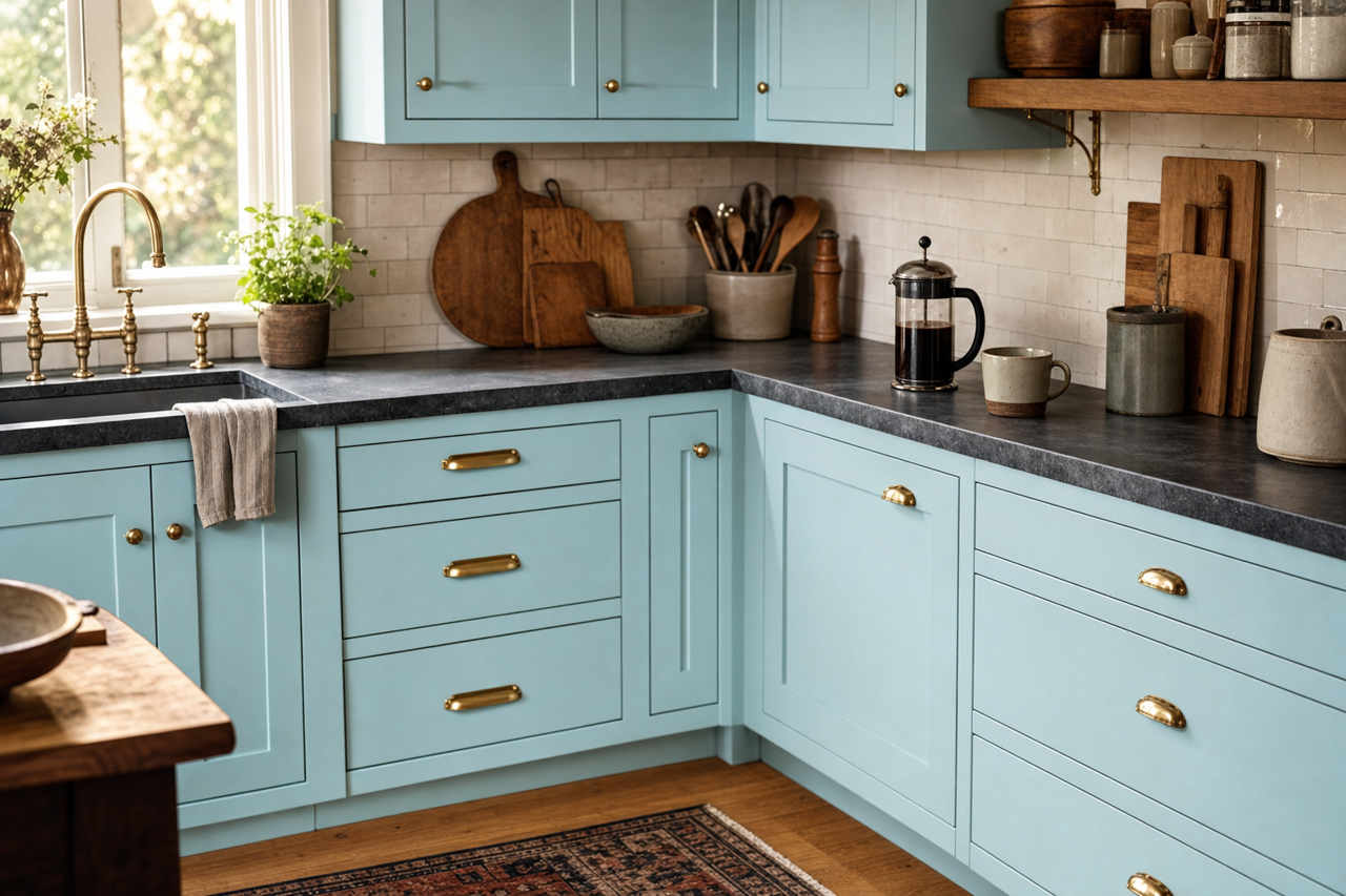 Liquid Blue by Sherwin-Williams on cabinets