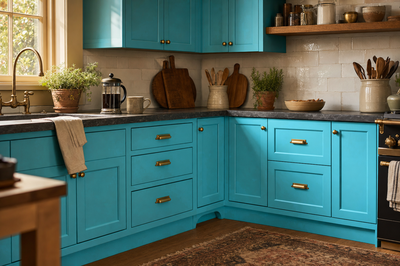 Jamaica Bay by Sherwin-Williams on cabinets