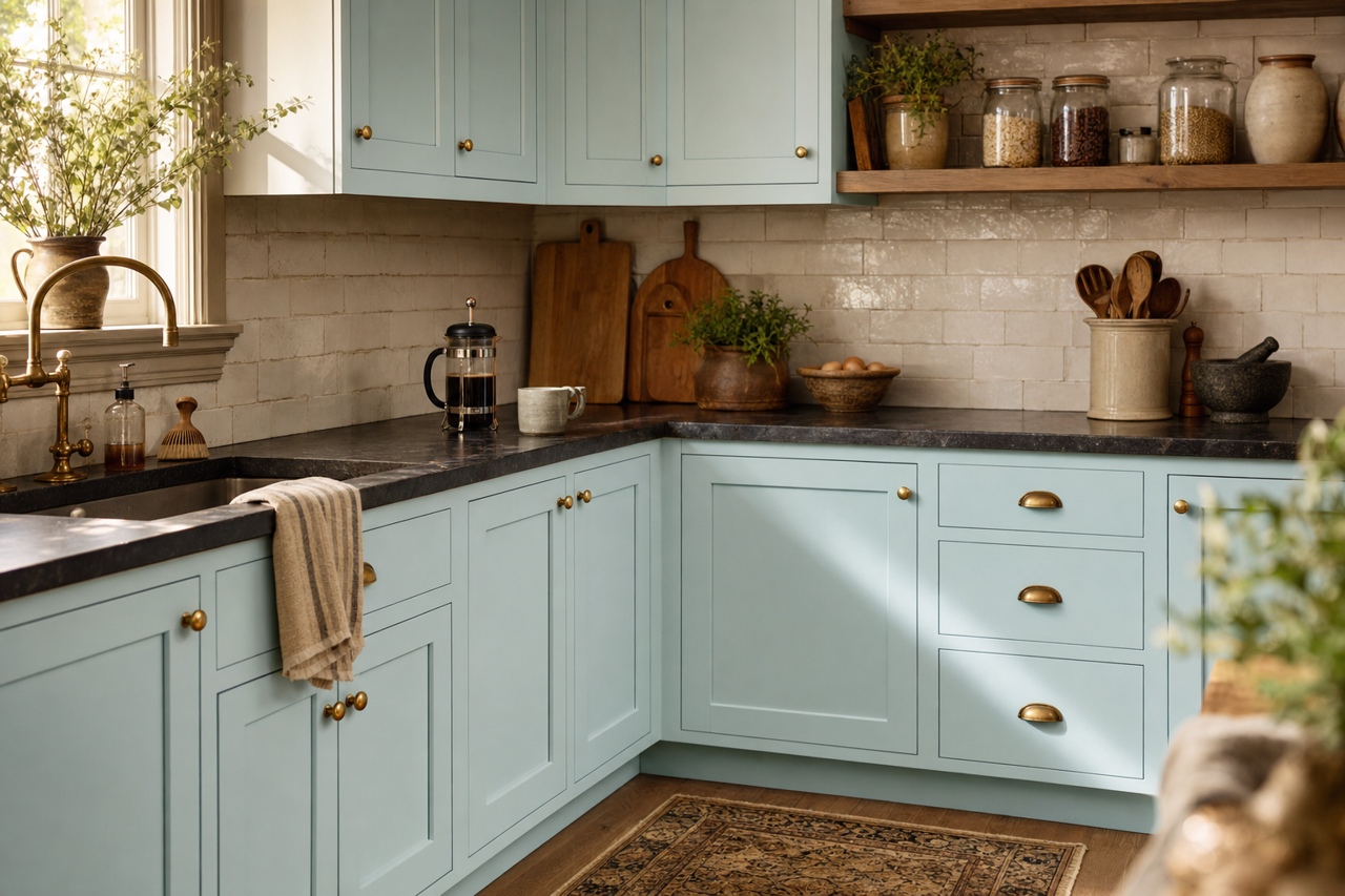 Bravo Blue by Sherwin-Williams on cabinets