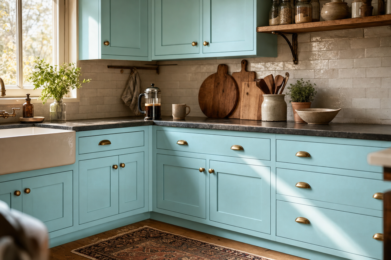 Quench Blue by Sherwin-Williams on cabinets
