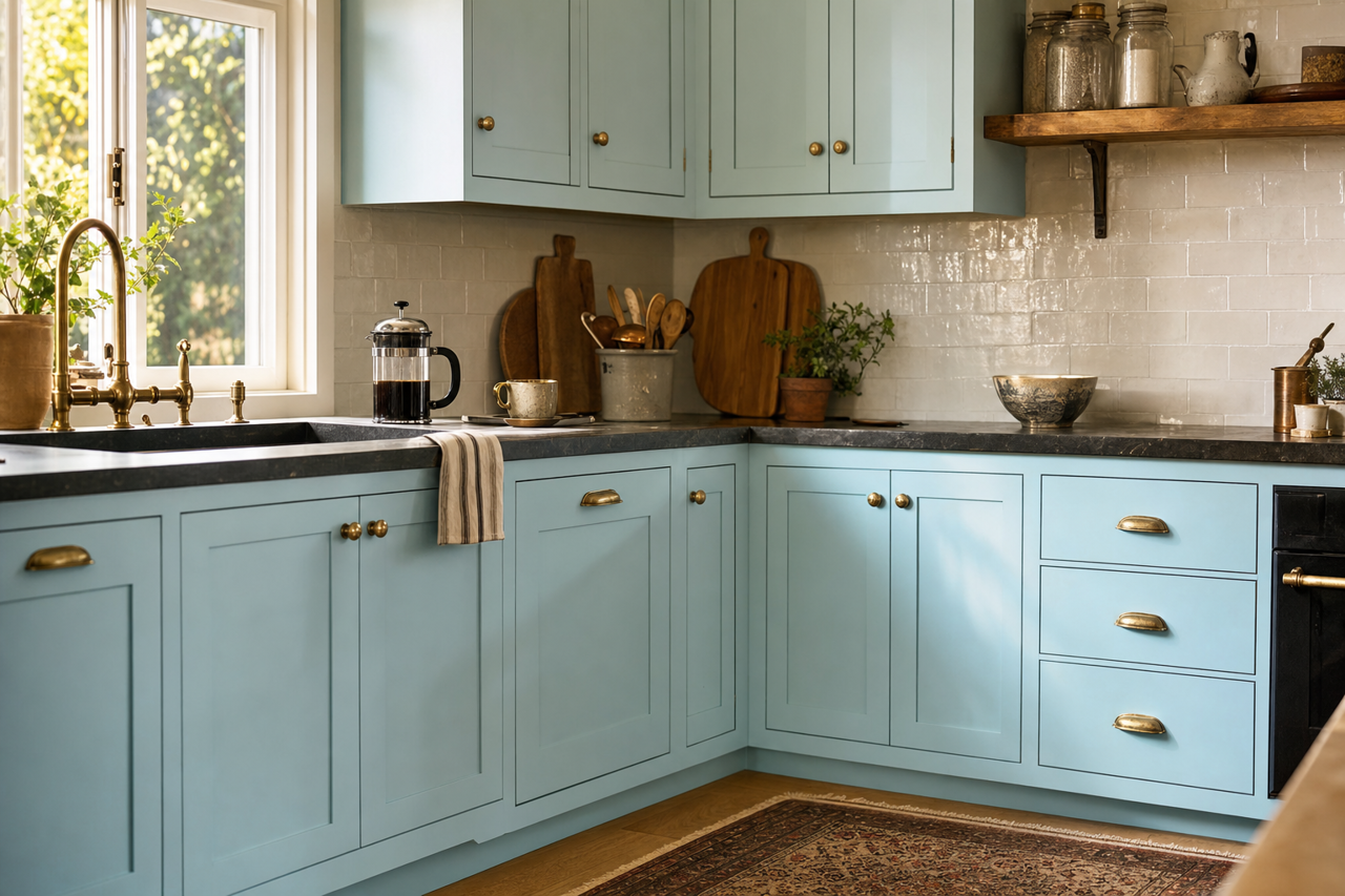 Minor Blue by Sherwin-Williams on cabinets