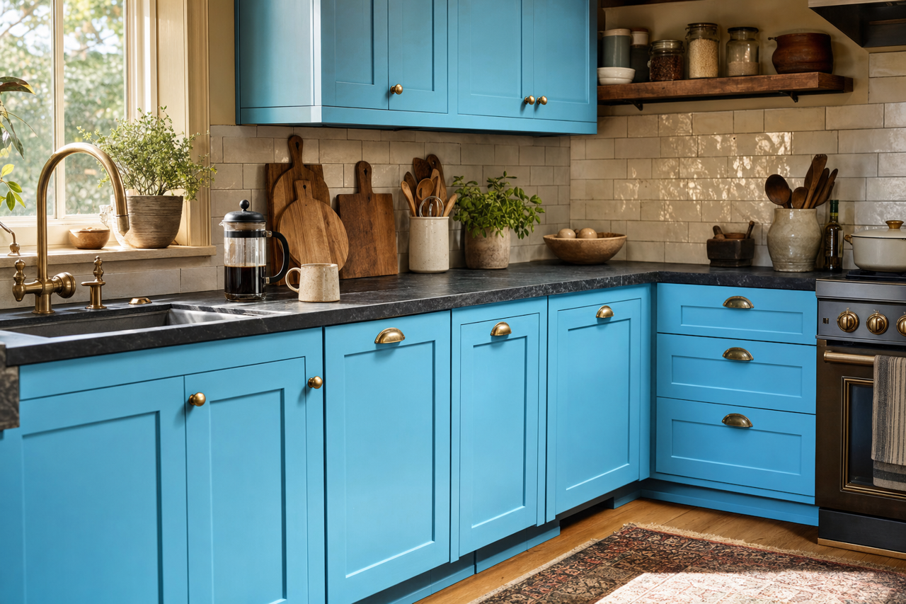 Flyway by Sherwin-Williams on cabinets