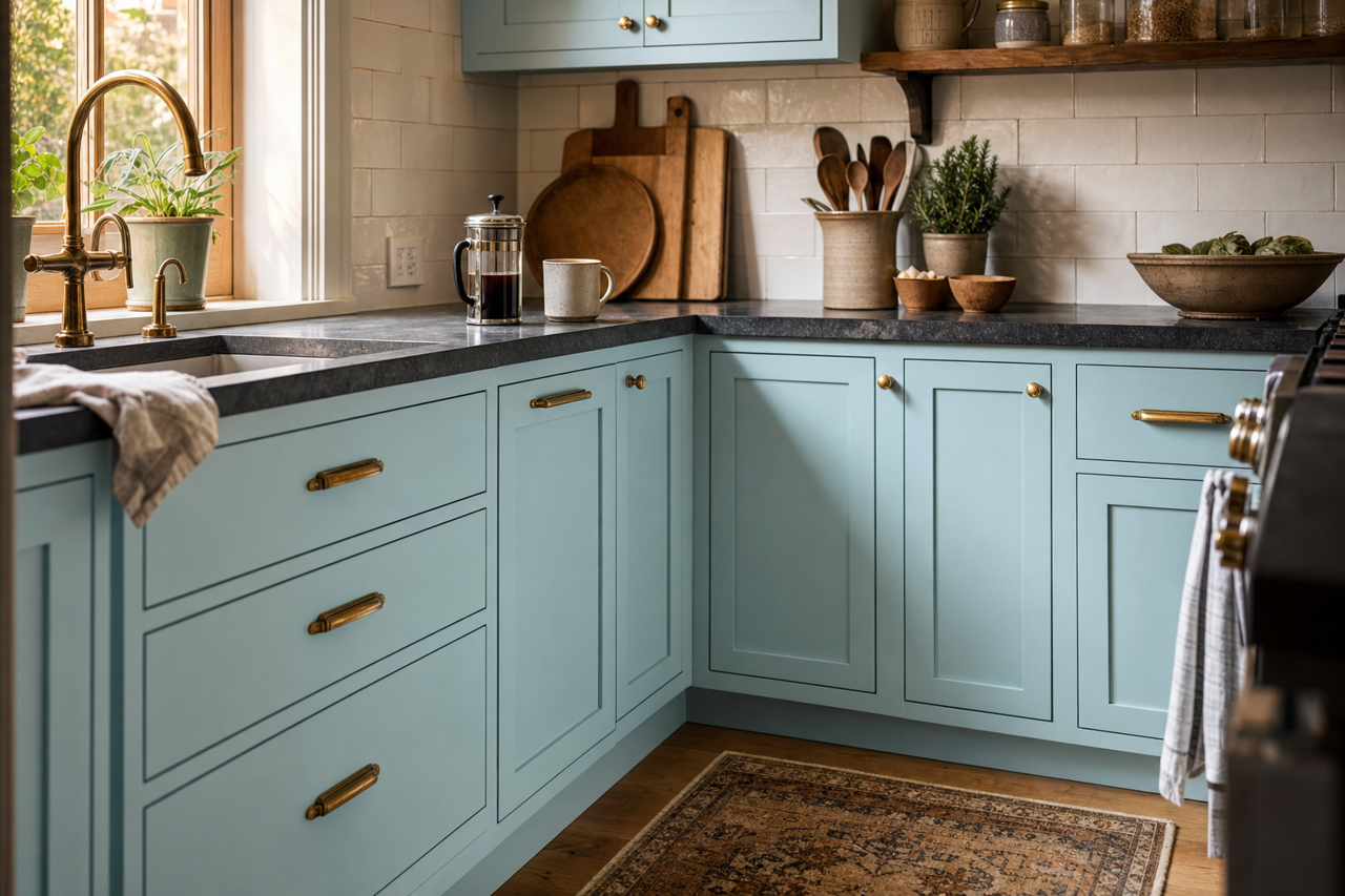 Soar by Sherwin-Williams on cabinets