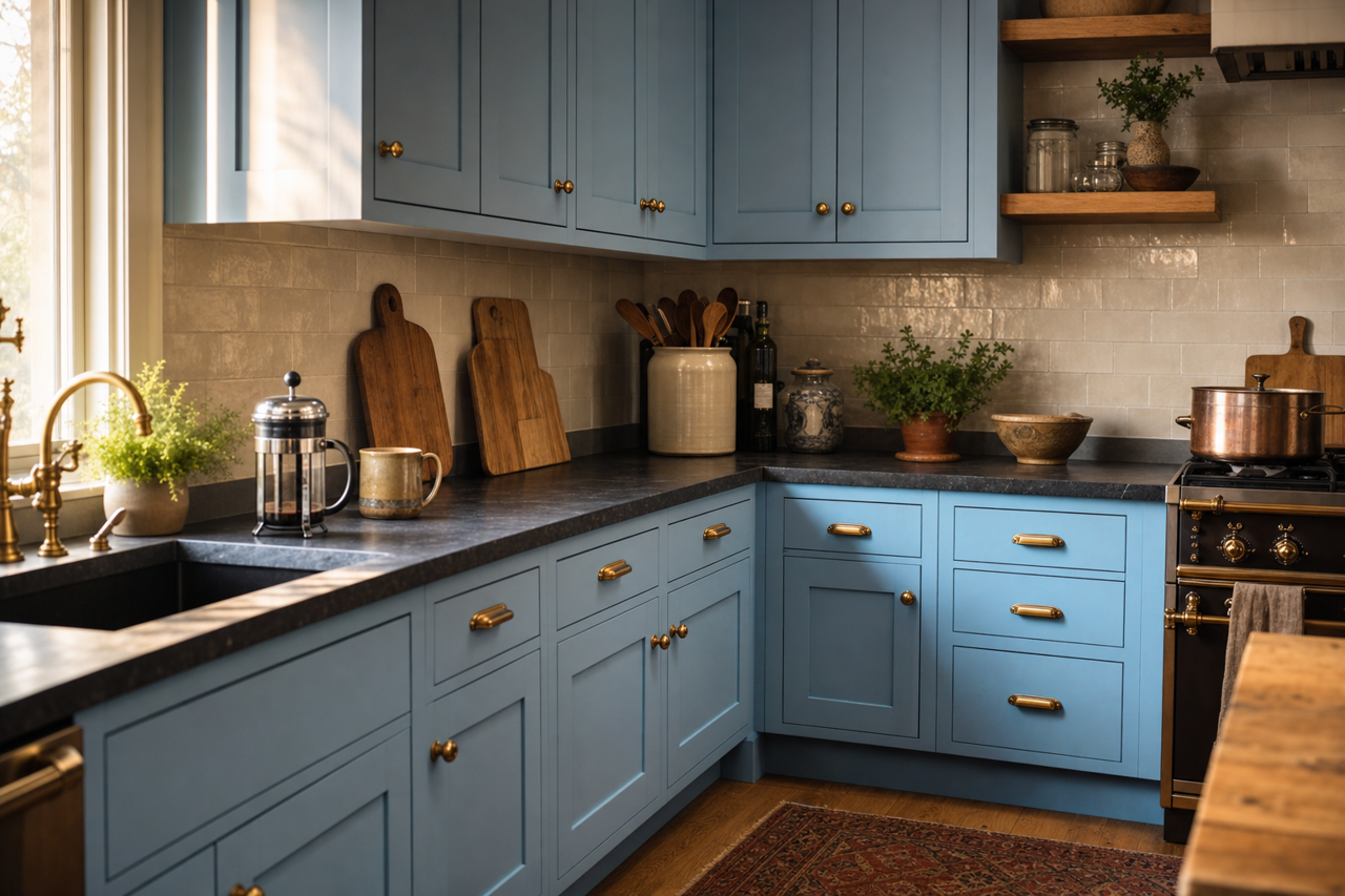 Regale Blue by Sherwin-Williams on cabinets