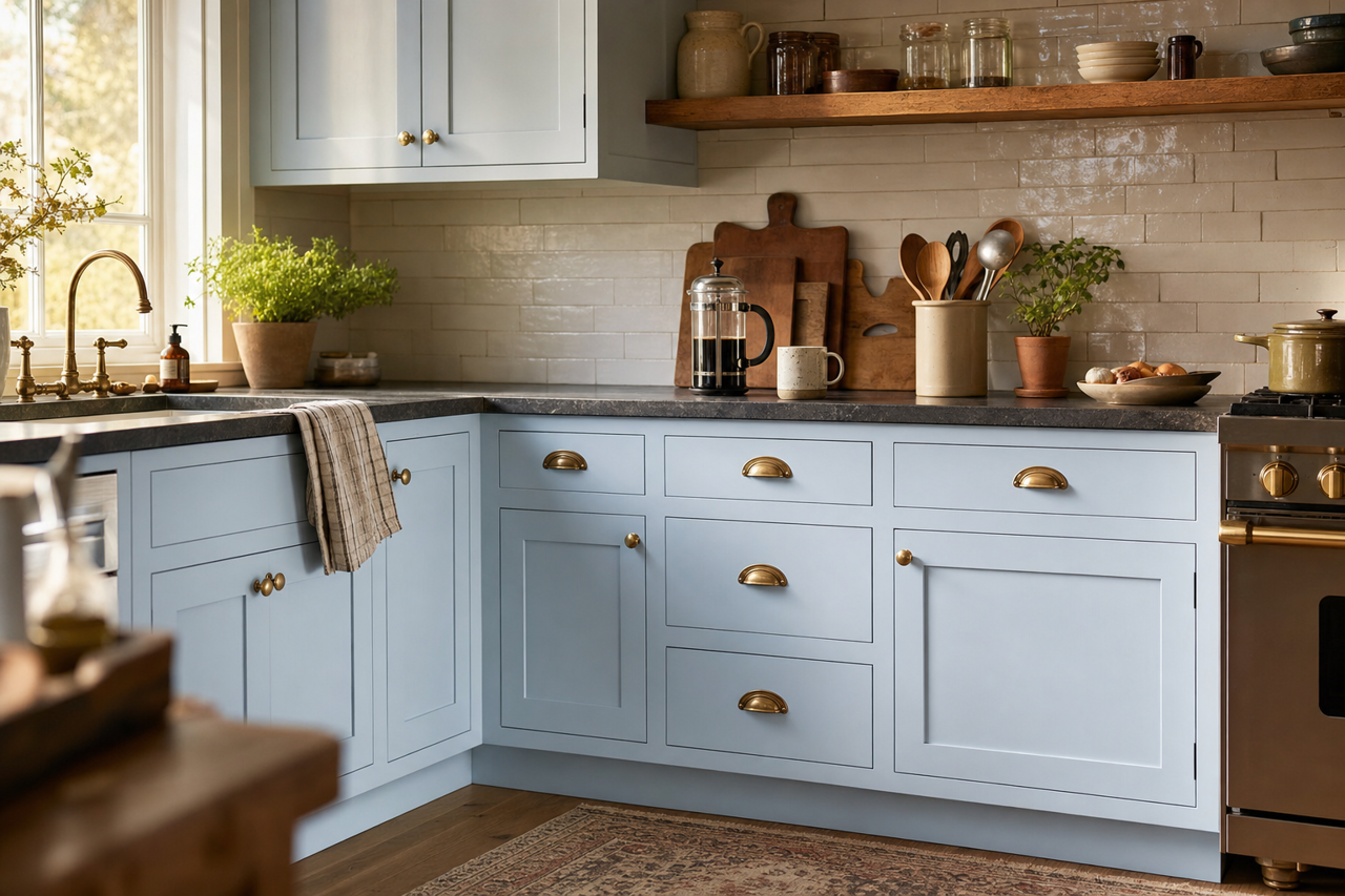 Rhythmic Blue by Sherwin-Williams on cabinets