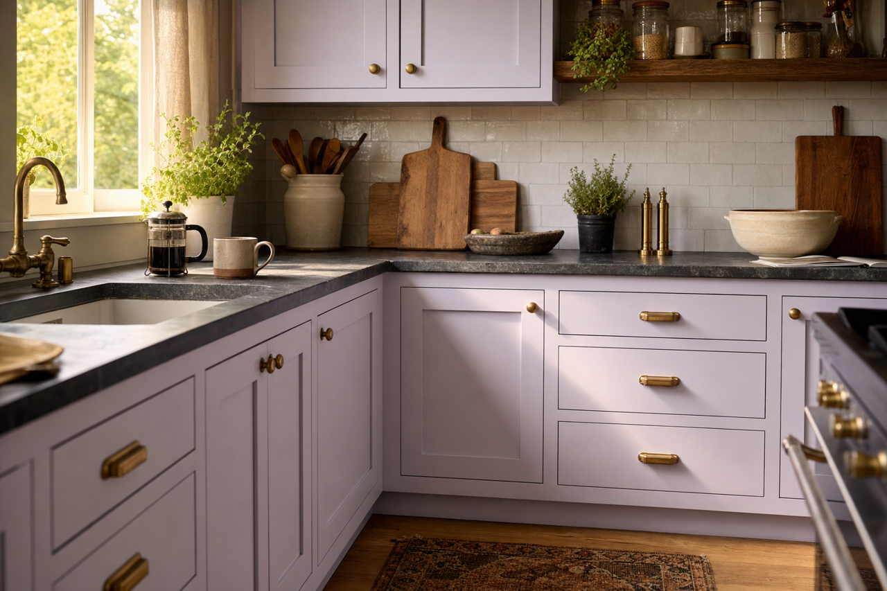 Inspired Lilac by Sherwin-Williams on cabinets