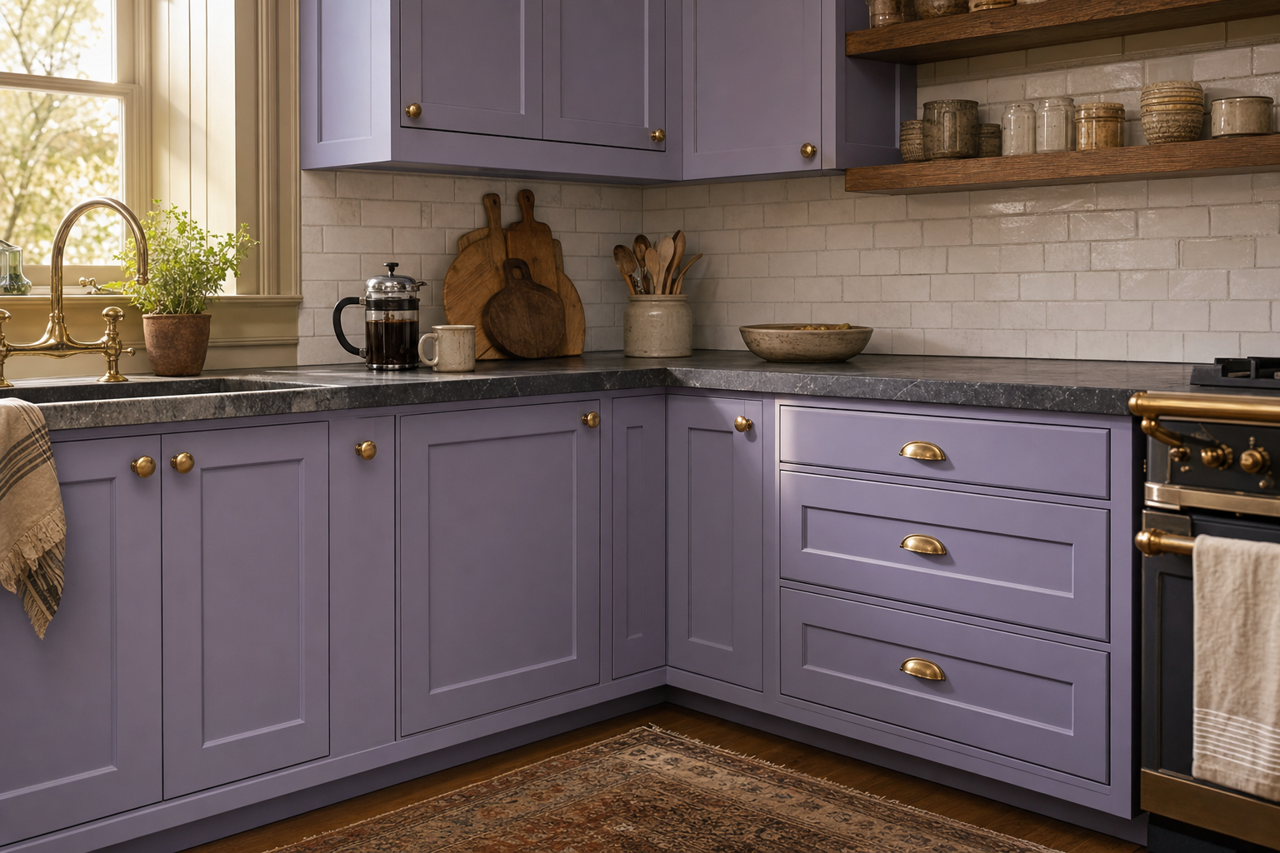 Brave Purple by Sherwin-Williams on cabinets