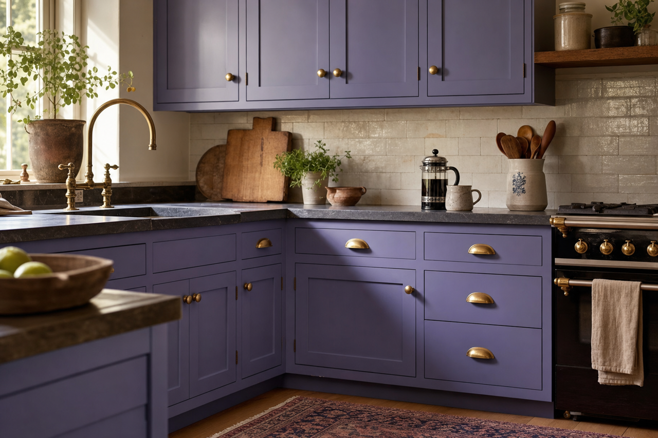 Forget‐Me‐Not by Sherwin-Williams on cabinets