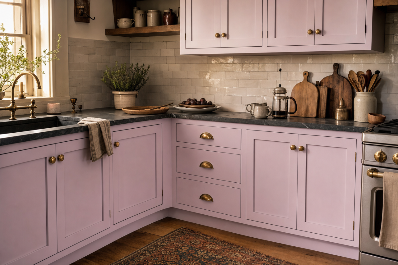 Euphoric Lilac by Sherwin-Williams on cabinets