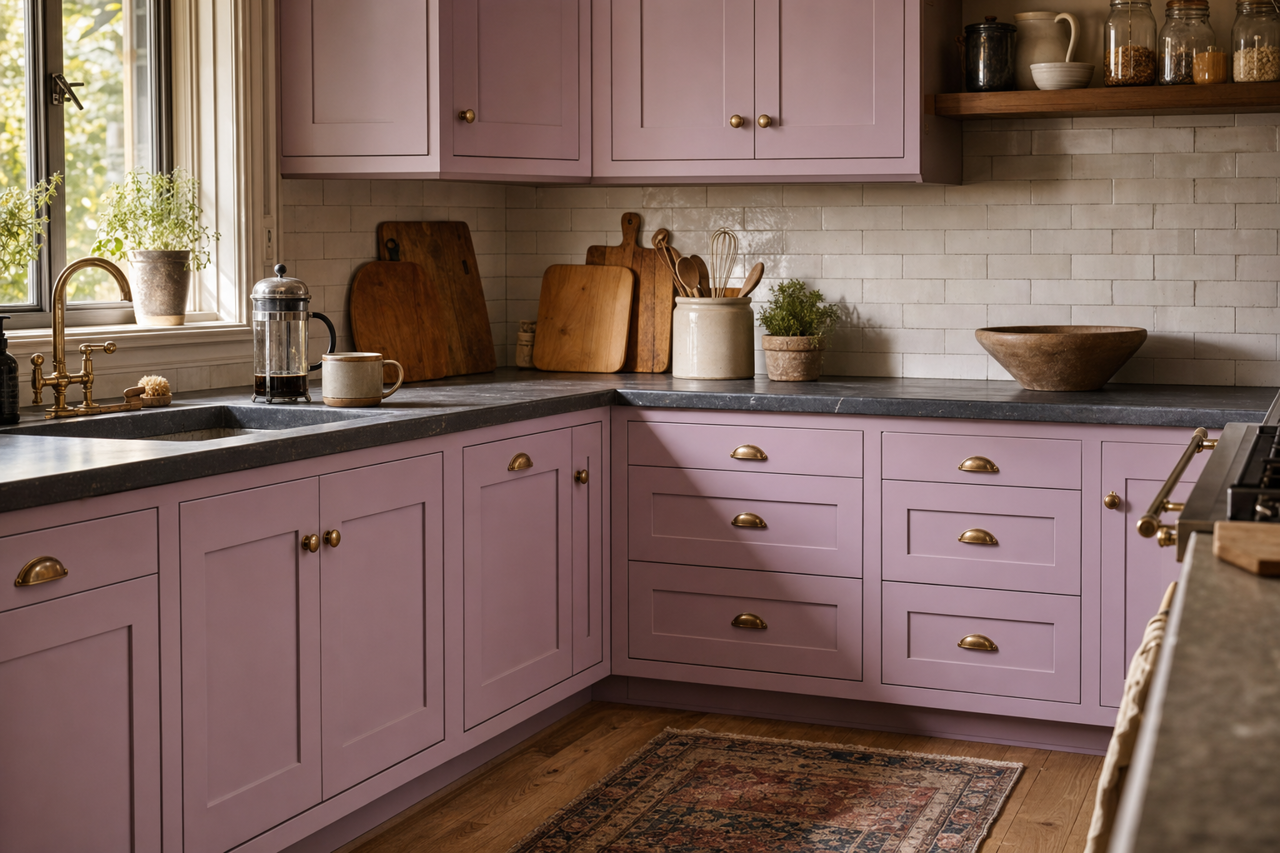 Novel Lilac by Sherwin-Williams on cabinets