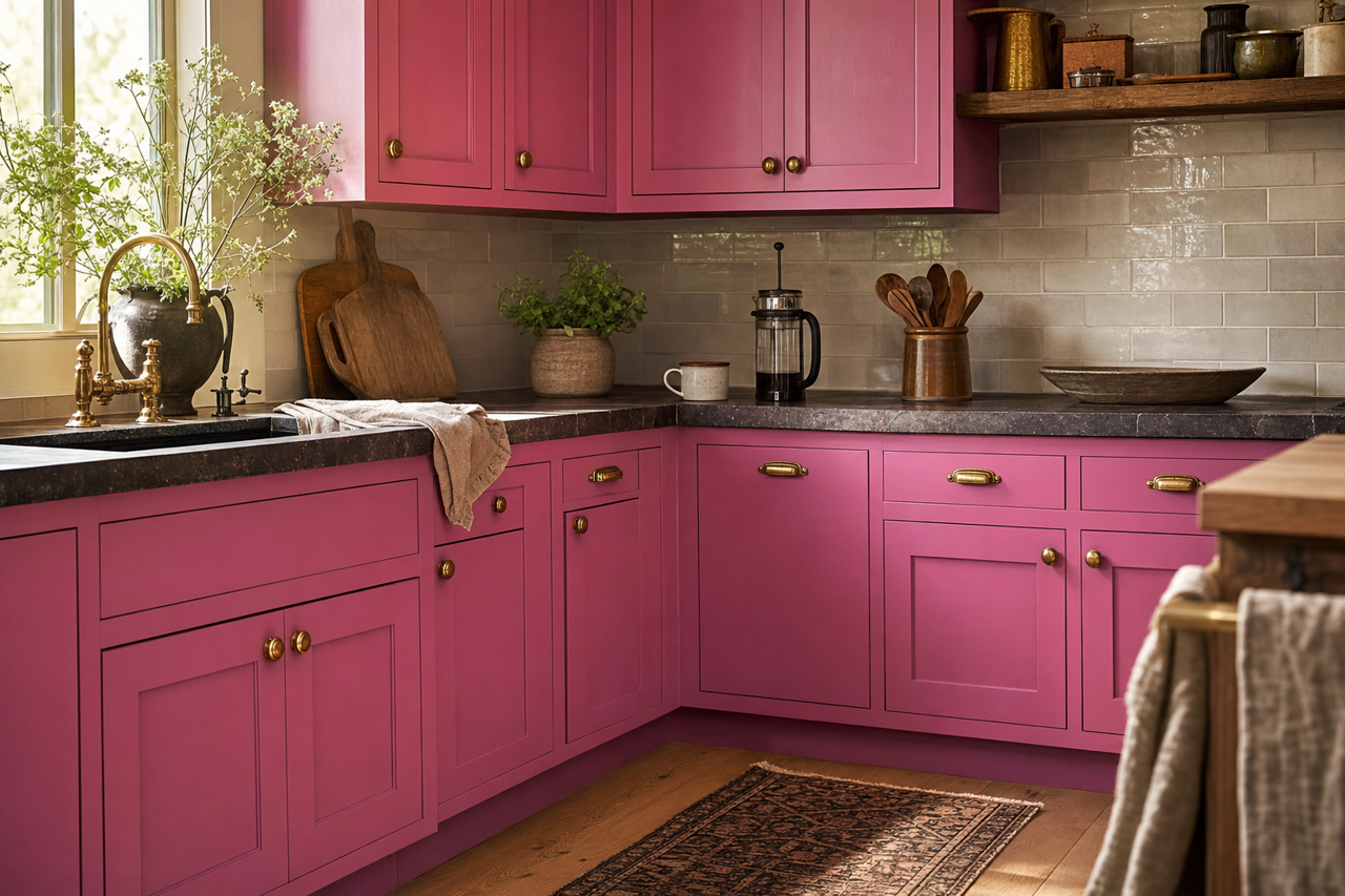 Exuberant Pink by Sherwin-Williams on cabinets