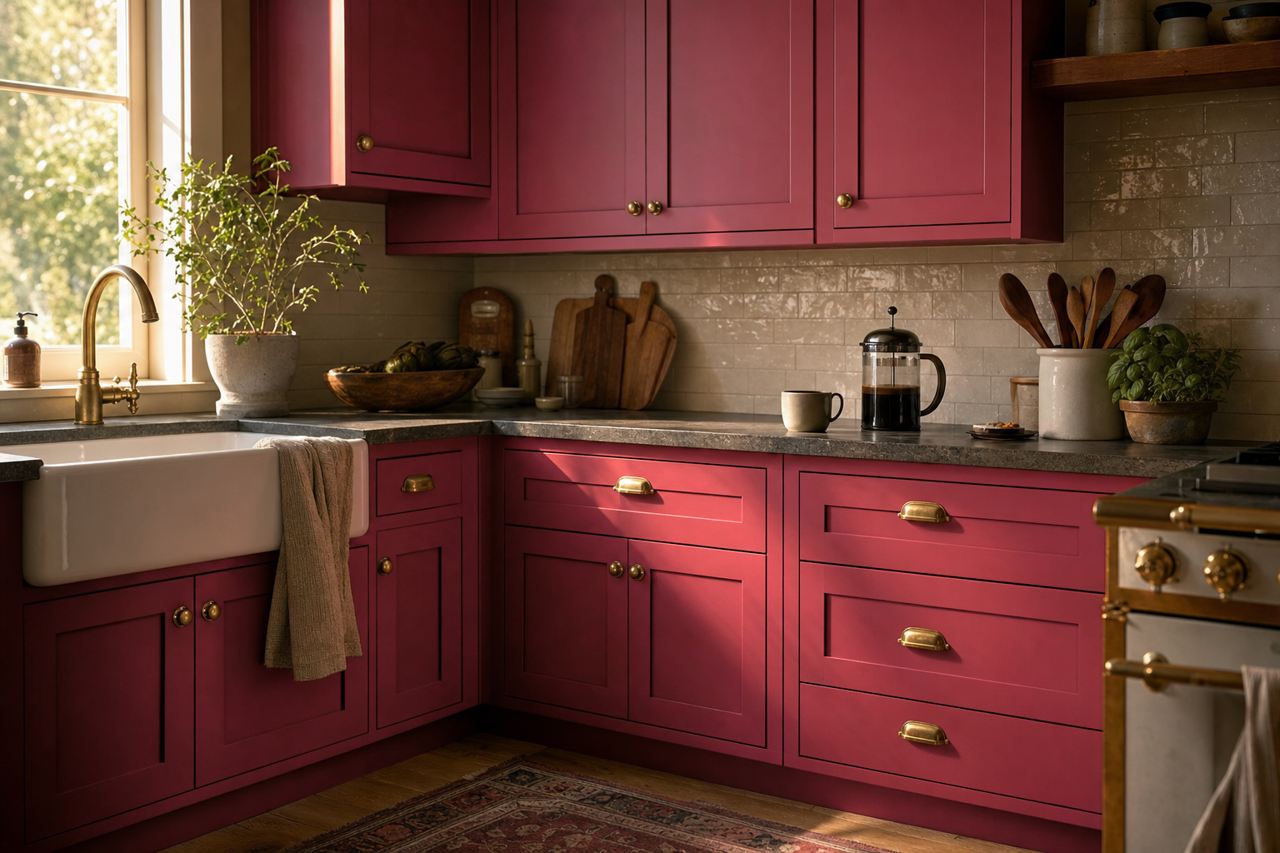 Cherries Jubilee by Sherwin-Williams on cabinets