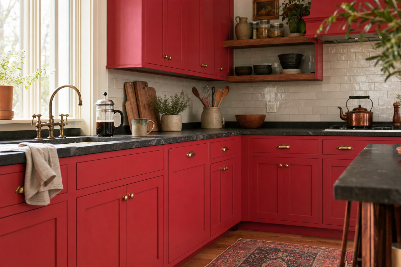 Positive Red by Sherwin-Williams on cabinets