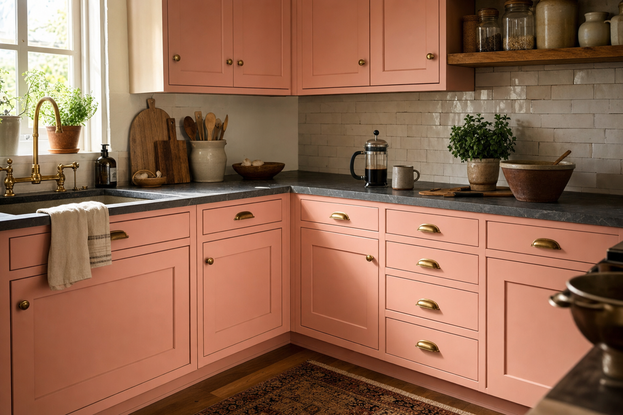 Comical Coral by Sherwin-Williams on cabinets