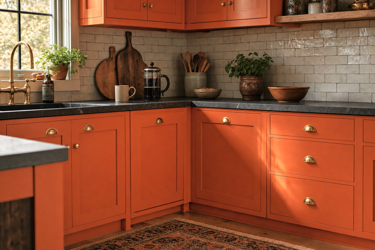 Raucous Orange by Sherwin-Williams on cabinets