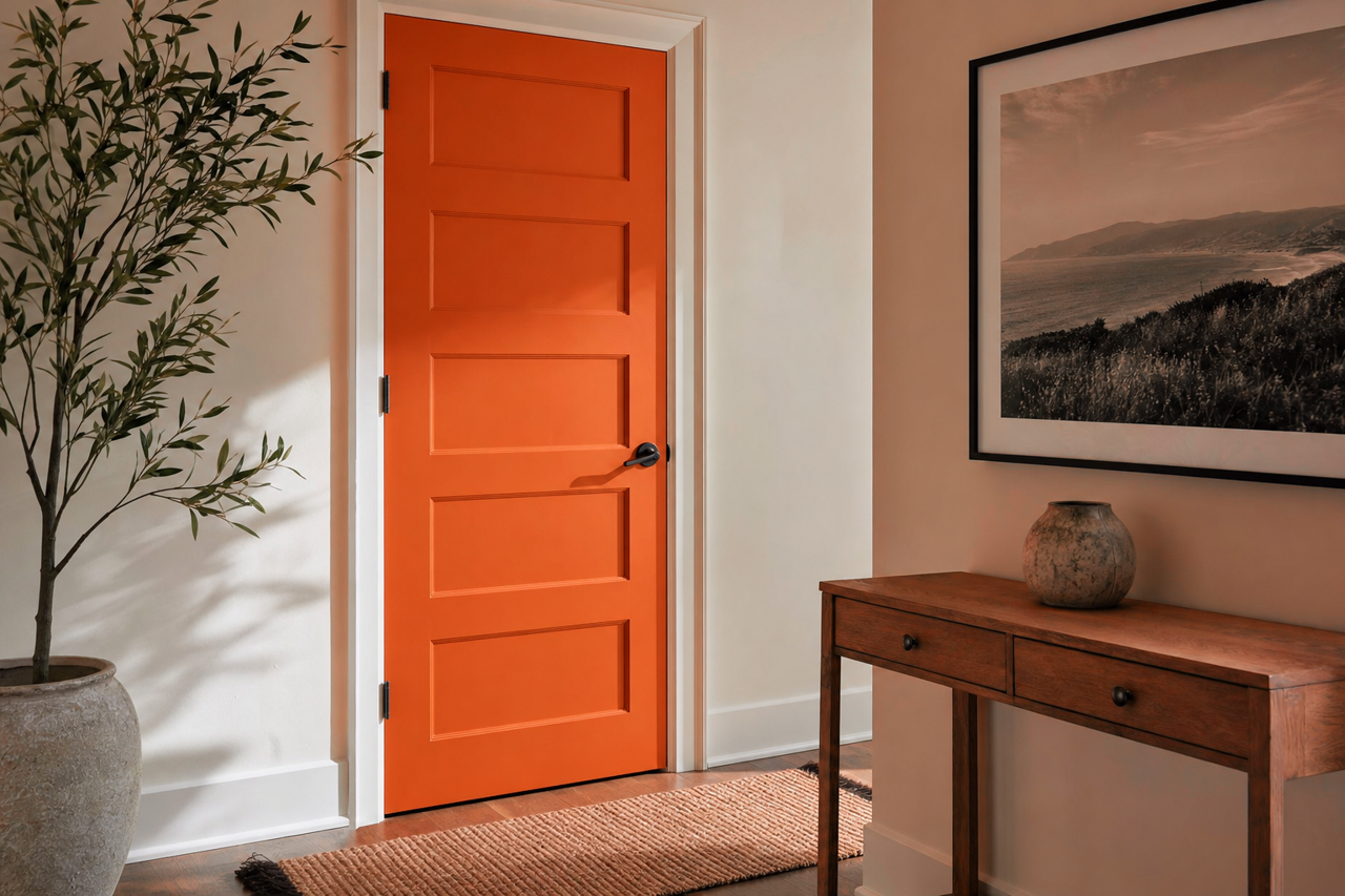 Raucous Orange by Sherwin-Williams on interior-doors