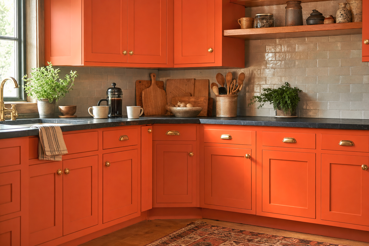 Obstinate Orange by Sherwin-Williams on cabinets
