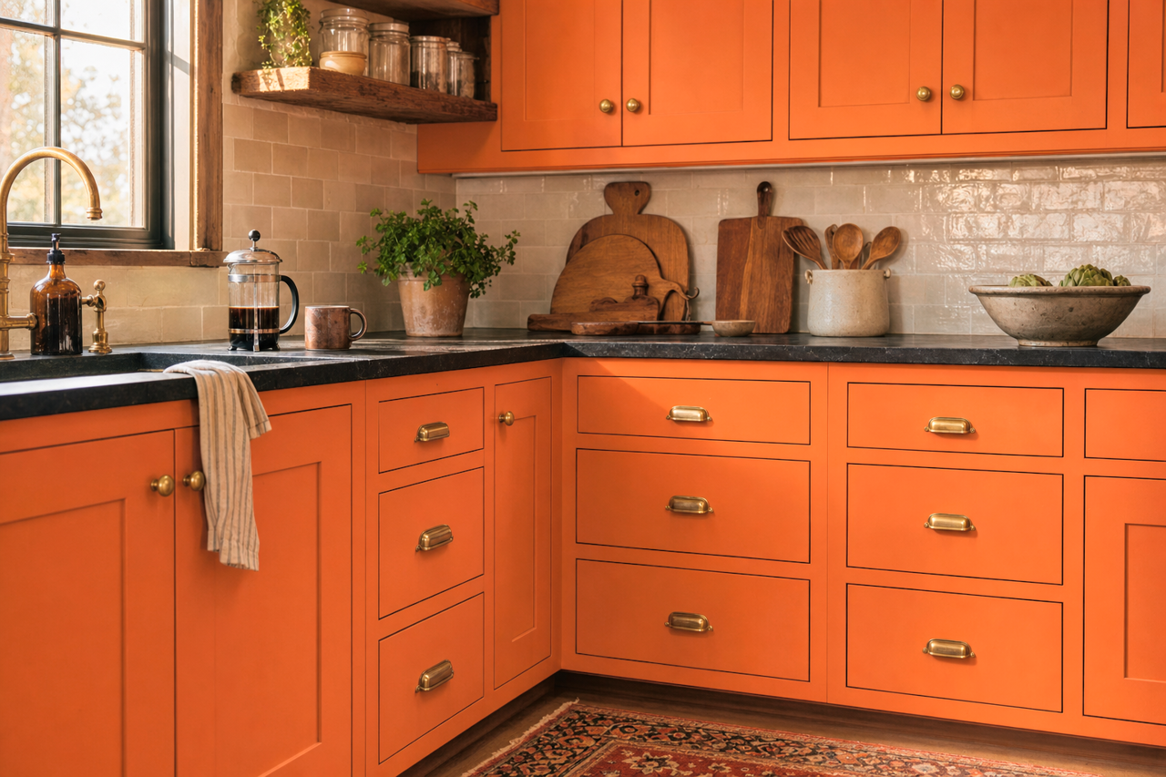 Knockout Orange by Sherwin-Williams on cabinets