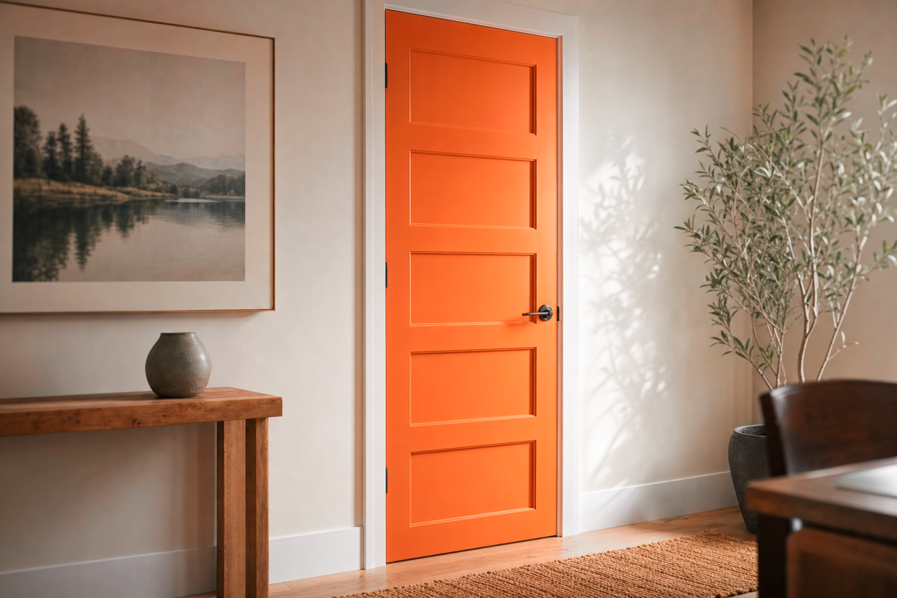 Knockout Orange by Sherwin-Williams on interior-doors