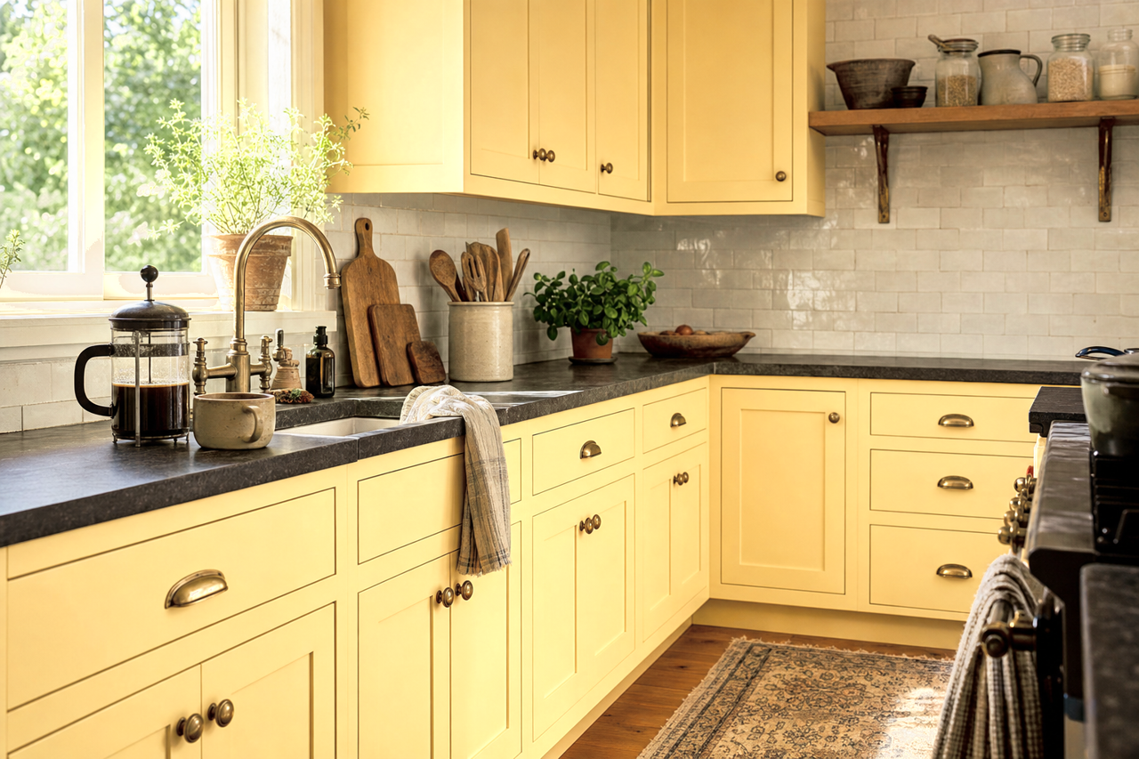 Optimistic Yellow by Sherwin-Williams on cabinets