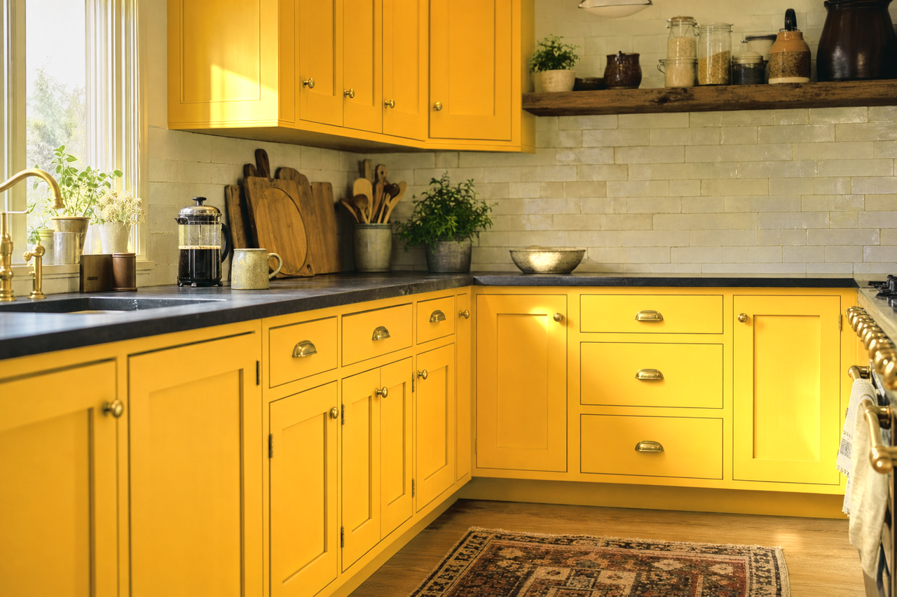 Decisive Yellow by Sherwin-Williams on cabinets