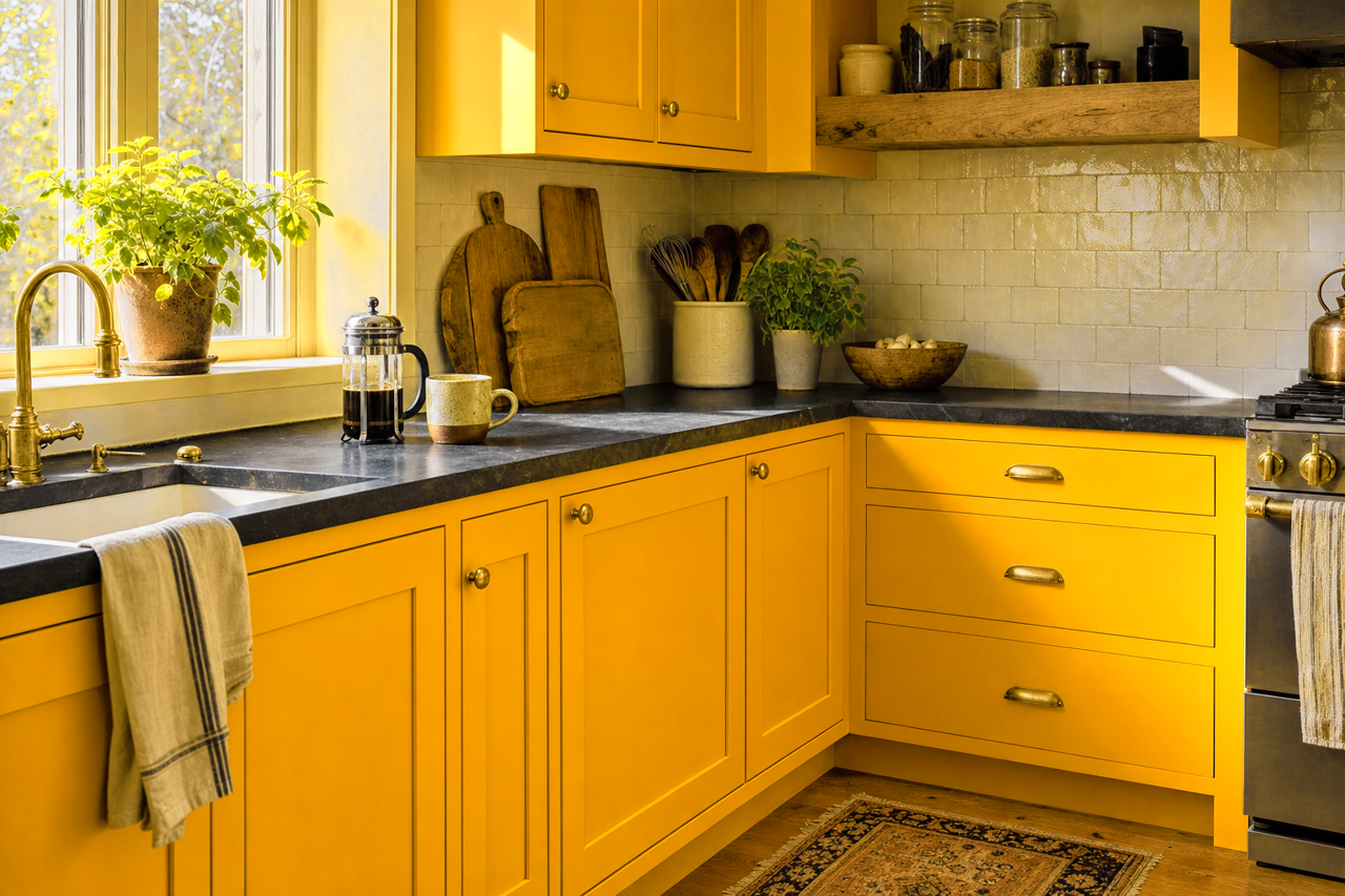 Goldfinch by Sherwin-Williams on cabinets
