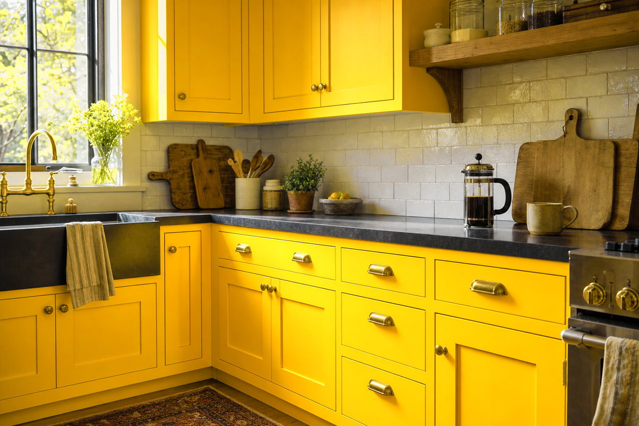 Forsythia by Sherwin-Williams on cabinets