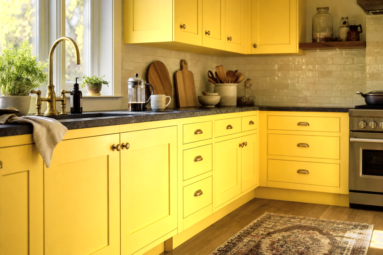 Lemon Twist by Sherwin-Williams on cabinets