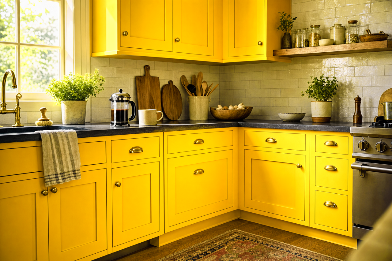 Confident Yellow by Sherwin-Williams on cabinets