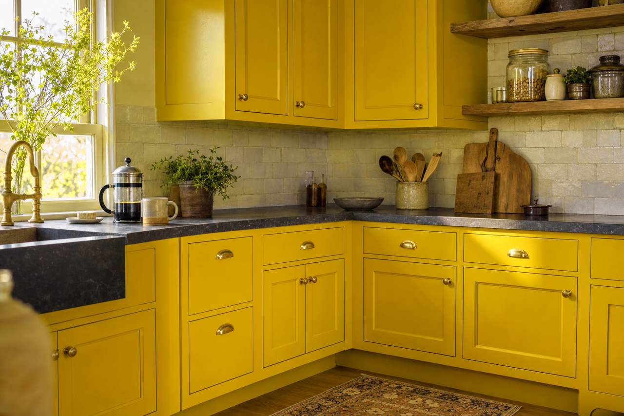 Citronella by Sherwin-Williams on cabinets