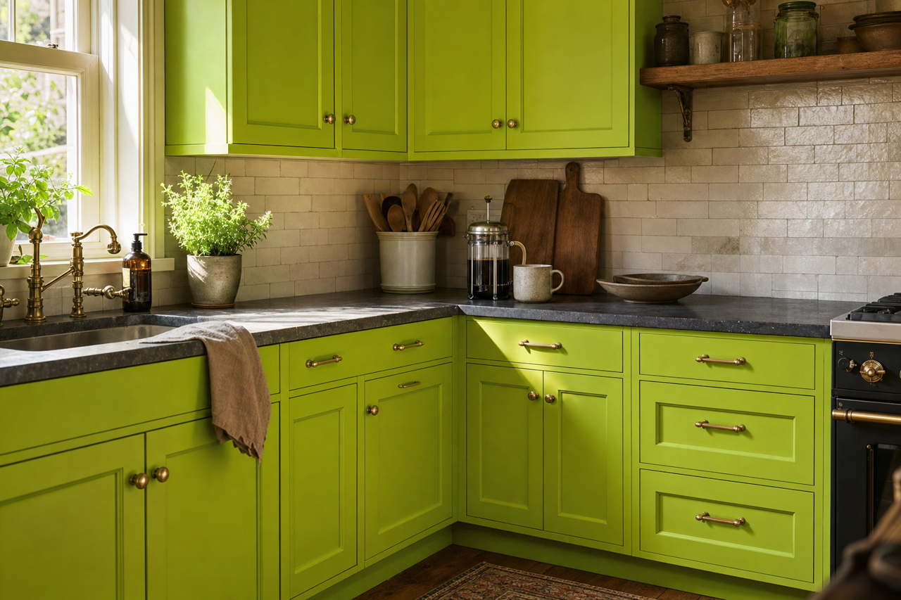 Electric Lime by Sherwin-Williams on cabinets