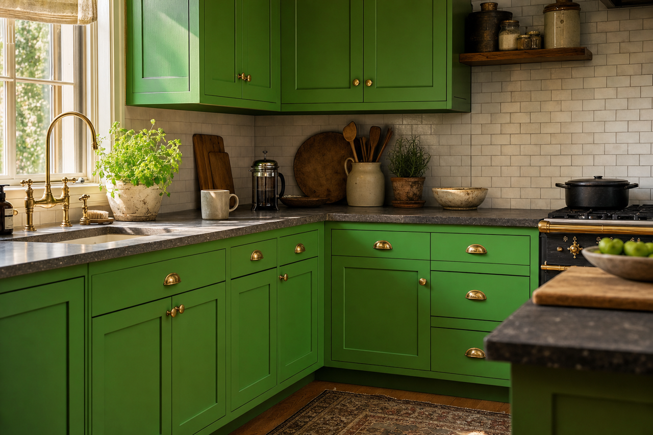 Direct Green by Sherwin-Williams on cabinets