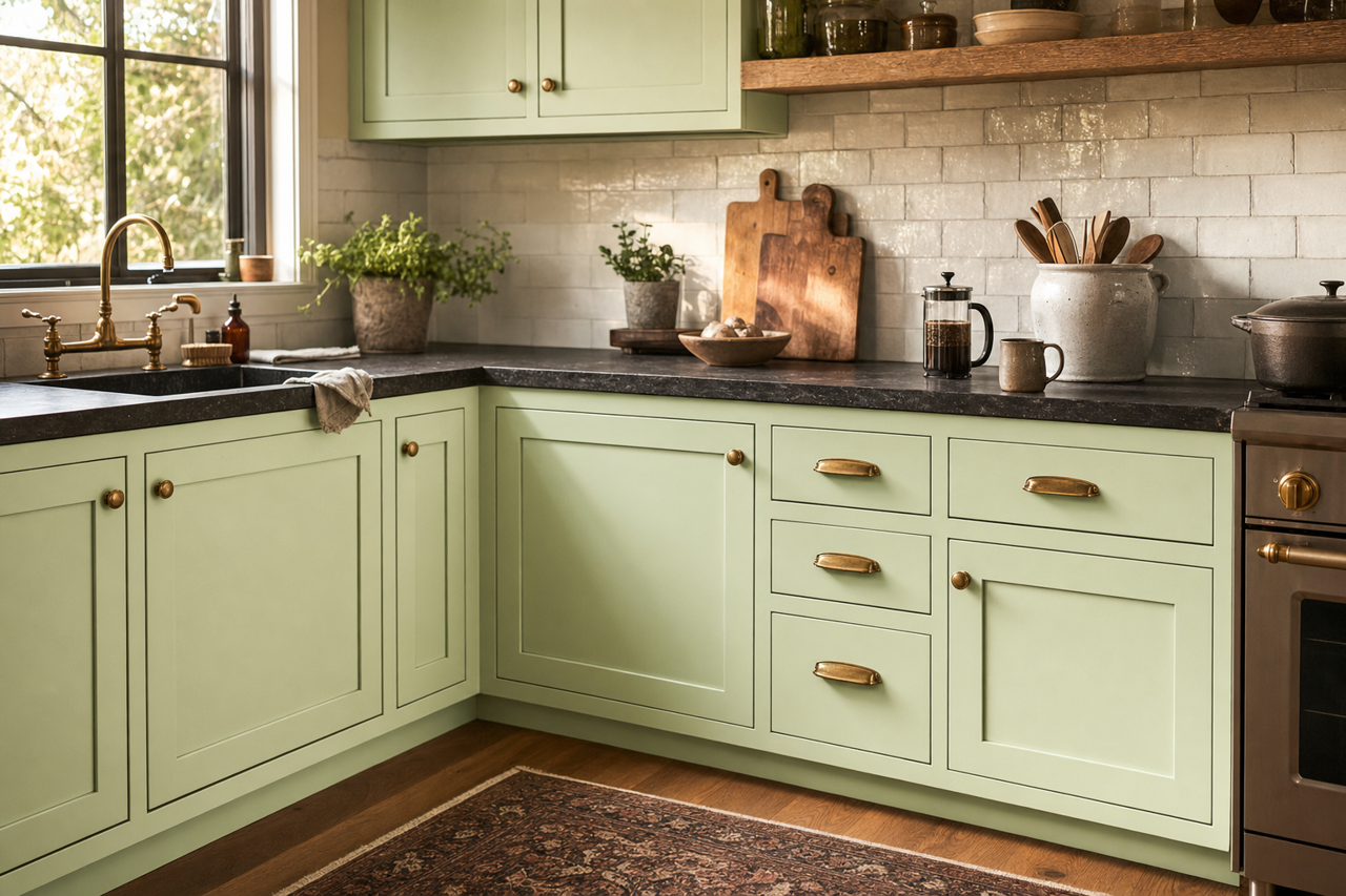 Green Vibes by Sherwin-Williams on cabinets