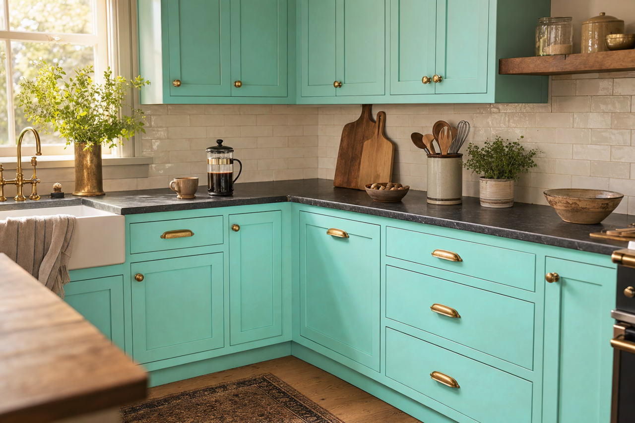 Tantalizing Teal by Sherwin-Williams on cabinets