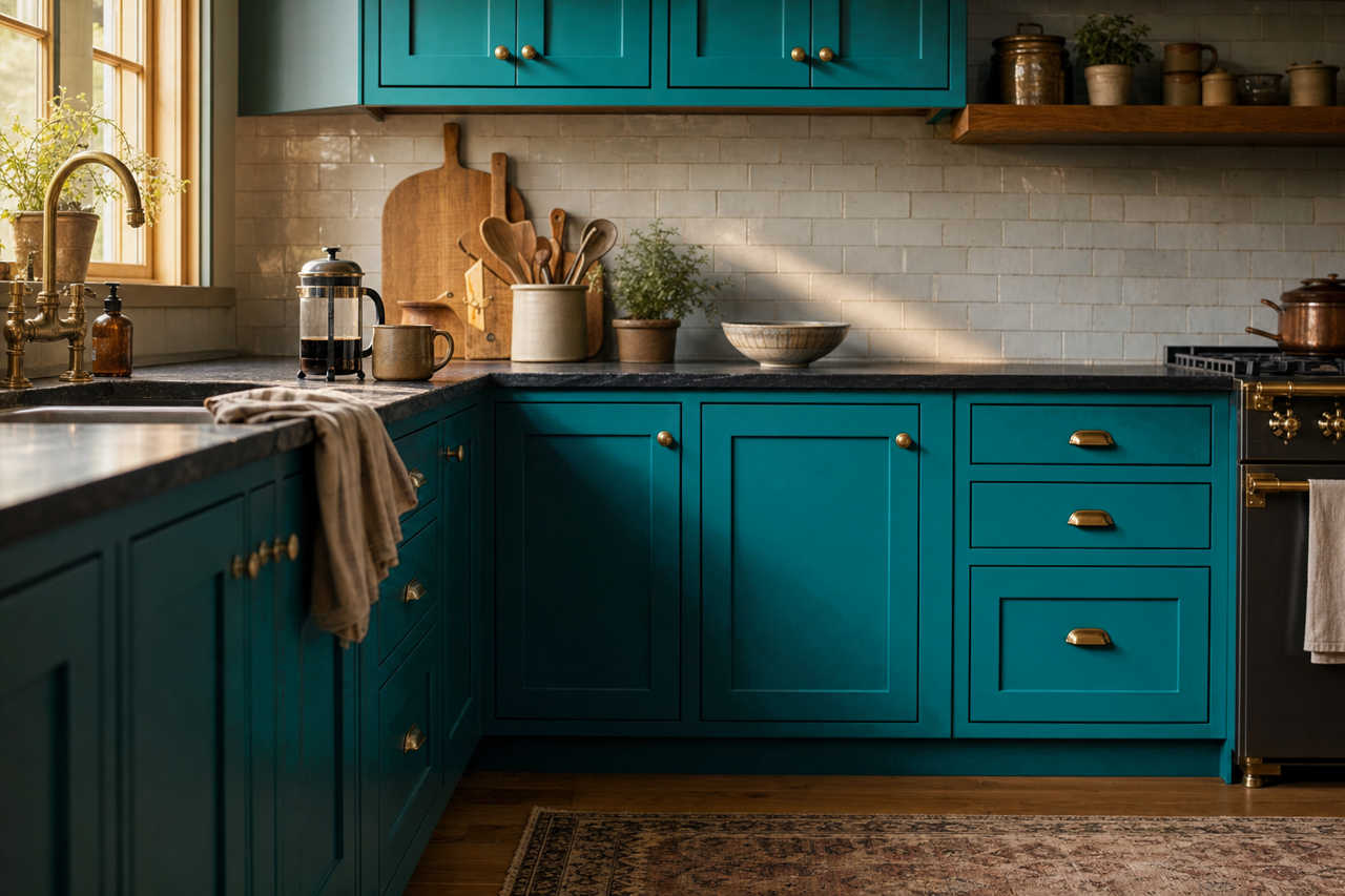 Intense Teal by Sherwin-Williams on cabinets