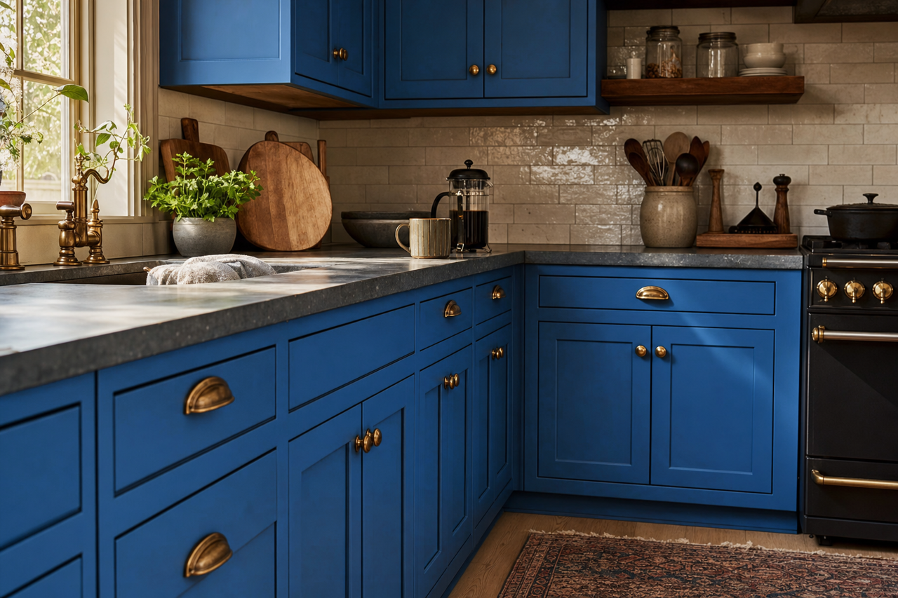 Frank Blue by Sherwin-Williams on cabinets