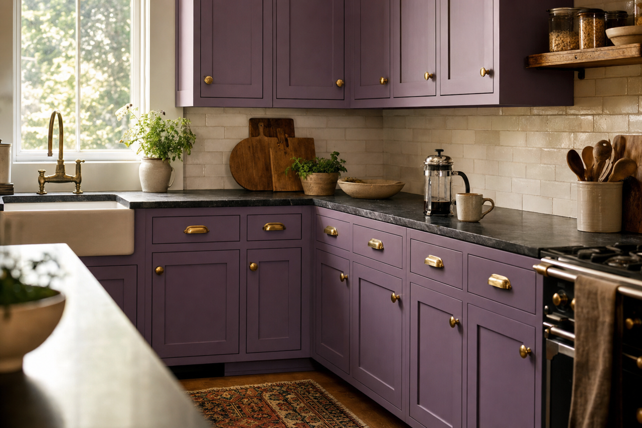 Passionate Purple by Sherwin-Williams on cabinets