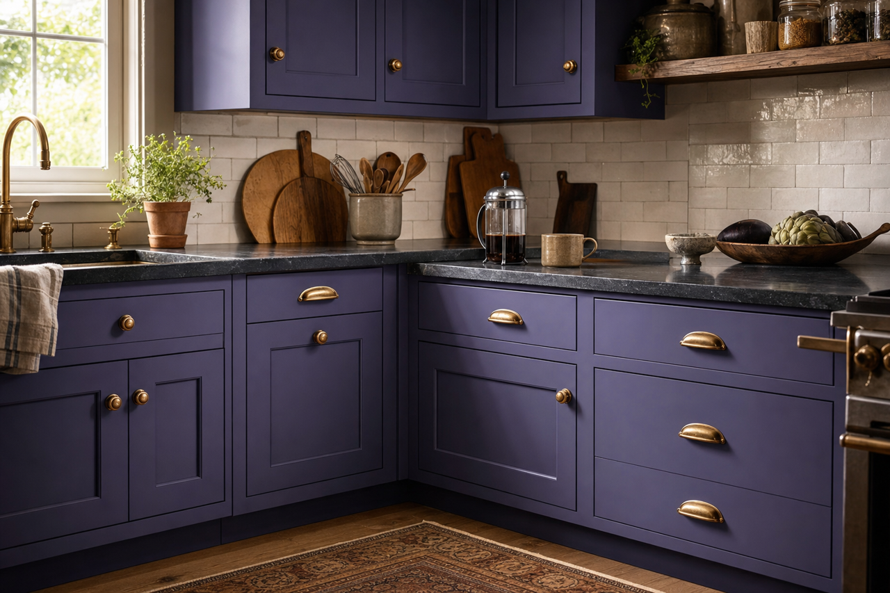 Fully Purple by Sherwin-Williams on cabinets