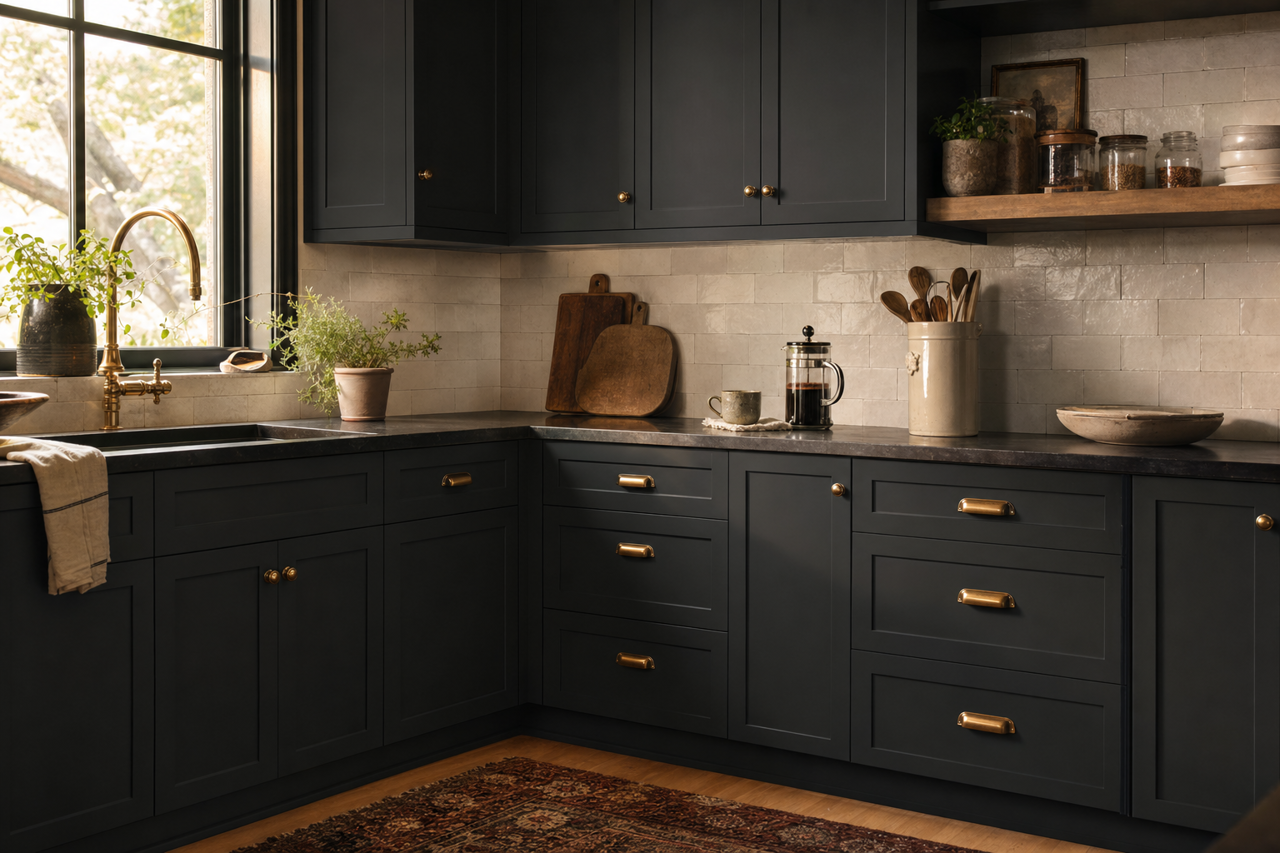 Greenblack by Sherwin-Williams on cabinets